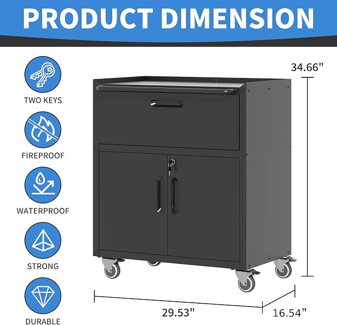 Metal Storage Cabinet with Wheels, Lockable Garage Cabinet with 2 Doors and 1 - Image 3