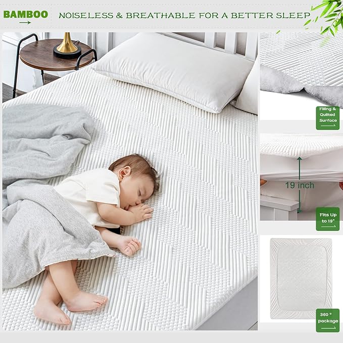 GRT Full Waterproof Mattress Protector Rayon Bamboo - 3D Air Fiber Cooling Mattress Cover Breathable Ultra Soft, Mattress Pad Noiseless Fits up to 19'' Deep Pocket Washable