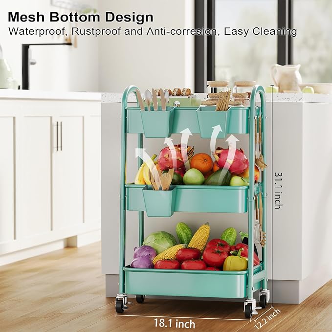 Green 3 Tier Rolling Cart Metal - Image 8