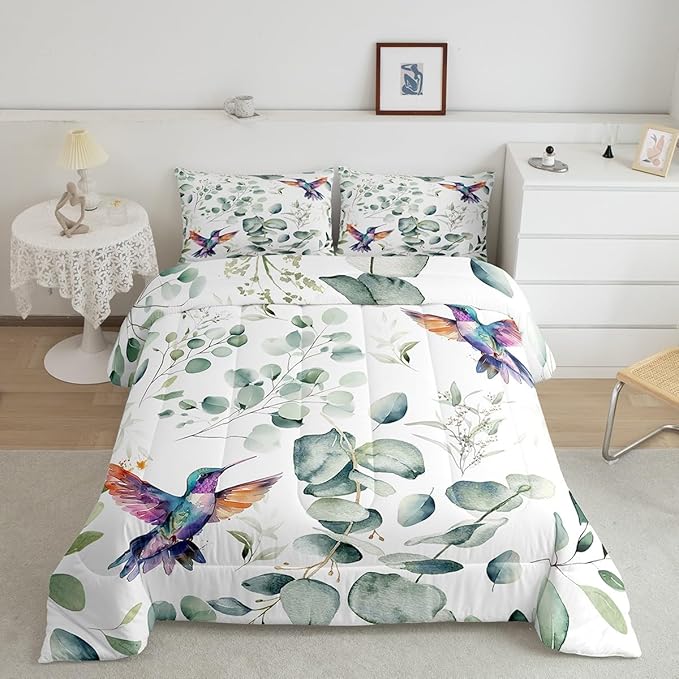 Erosebridal Cartoon Hummingbird Full Comforter Set Toddler Wildlife Bird Bedding Set Full, Plant Bedding Comforter Sets Eucalyptus Leaf Duvet Set, Jungle Animal Theme Quilted Comforter Kids Room Decor