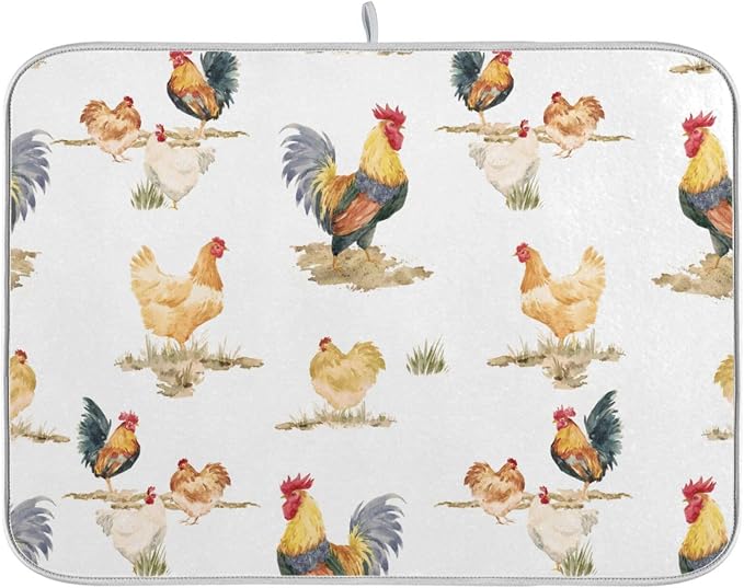 Tarity Watercolor Chickens And Rooster Dish Drying Mat by Unknown