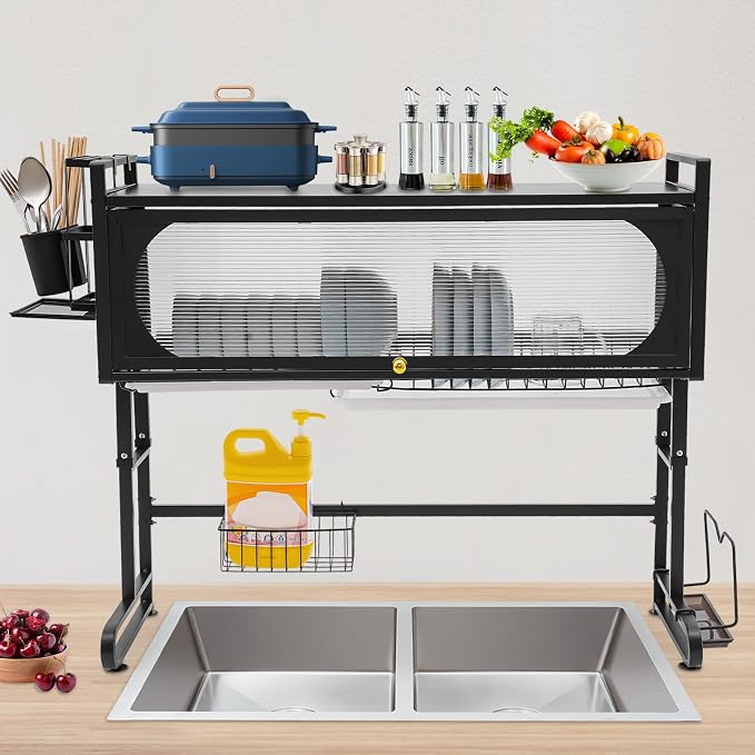 3 Tier Over The Sink Dish Drying Rack W/Clear Cabinet Door, Adjustable Dish - Image 4