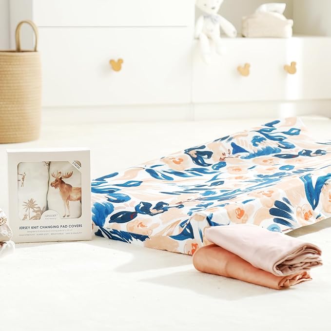 GRSSDER Stretch Ultra Soft Jersey Knit Changing Pad Cover Set 2 Pack, Change Table Pad Covers Fit 32"/34" x 16" Pads Safe and Snug, Beautiful Blush Floral Print for Girls
