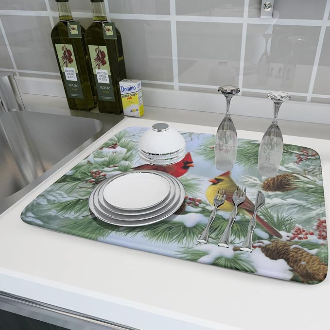 Winter Dish Drying Mat for Kitchen Counter Cardinal Birds Pine Trees Festival - Image 6