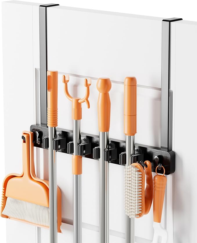 Mop and Broom Holder Wall Mount, No Drill Over the Door Broom and Mop Holder by Vosturdy