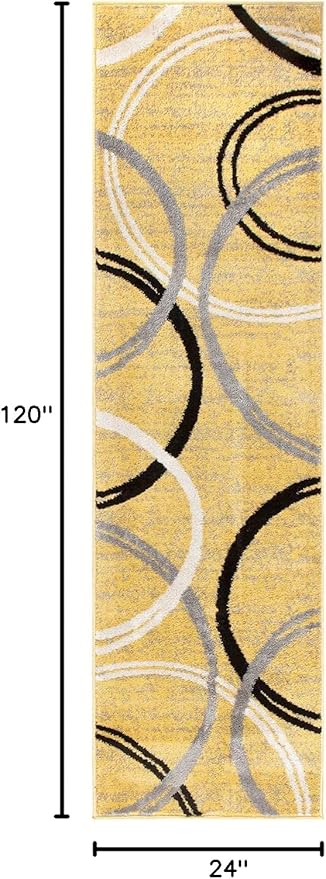 Rugshop Wavy Circles Design Runner Rug, Non-Shedding Carpet for Hallway, Entryway, or Kitchen, Yellow, 2' x 10'