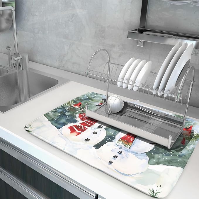 Winter Dish Drying Mat 18 x 24 Inch Xmas Snowman Pattern Dish Drying Pad - Image 5