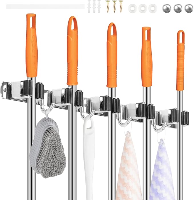 2Pcs 5 Racks 4 Hooks Stainless Steel Broom Mop Holder Anti Slip Wall Mount - Image 8