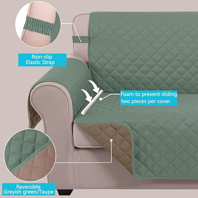 U-NICE HOME Loveseat Sofa Cover Reversible Couch Covers for 2 Cushion Couch for Dogs Furniture Protector Cover with Elastic Straps Water Resistant(Loveseat Small, Greyish Green/Taupe)