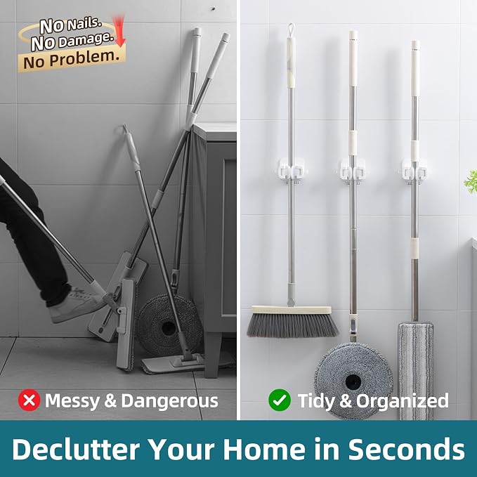 TAILI Mop and Broom Holder Wall Mount Grippers, 3 Hangers and 8 Adhesive Strips - Image 5