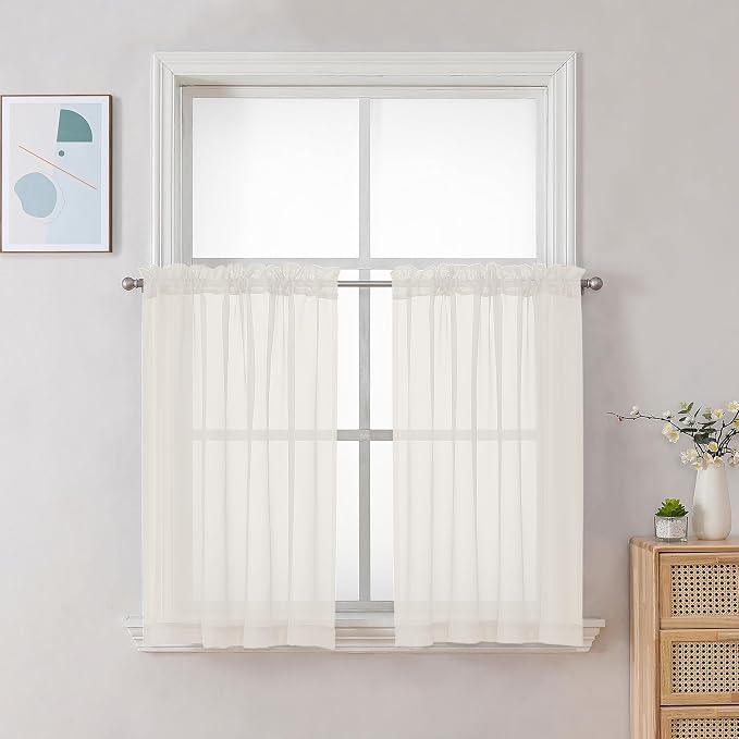 Chyhomenyc Ivory Sheer Curtains 30 inch Length 2 Panels, Light Filtering Voile by Chyhomenyc