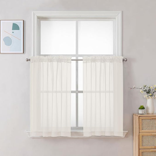 Chyhomenyc Ivory Sheer Curtains 30 inch Length 2 Panels, Light Filtering Voile by Chyhomenyc