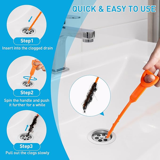 Drain Snake 12 Set: 25inch Snake Drain Hair Removal Tool, 59inch Cleaning Brush - Image 3