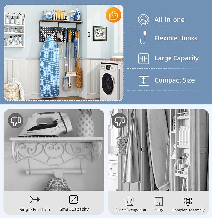 Ironing Board Hanger Wall Mount, Large Storage Iron and Ironing Board Holder - Image 6