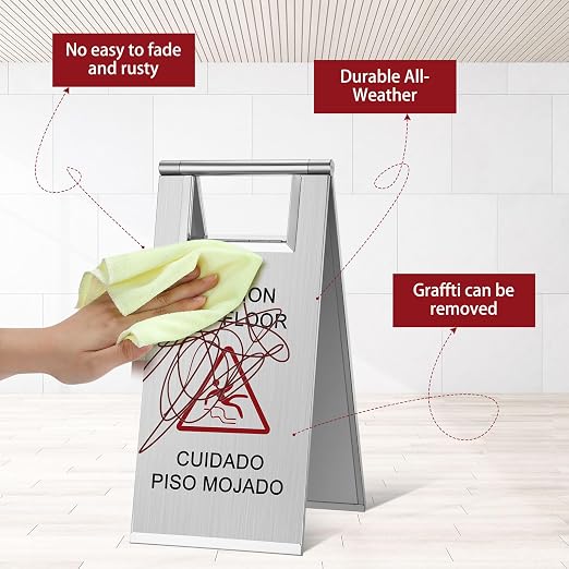 Kigley 2 Pcs Wet Floor Sign, 17 Inch Stainless Steel Caution Wet Floor Sign - Image 3