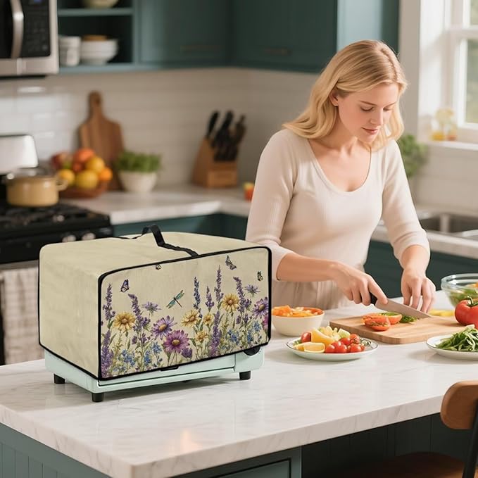 Convection Toaster Oven Cover with Side Pockets, Dust-Proof Smart Microwave Oven Protector for Countertop Decorations, S, Floral Butterfly Dragonfly