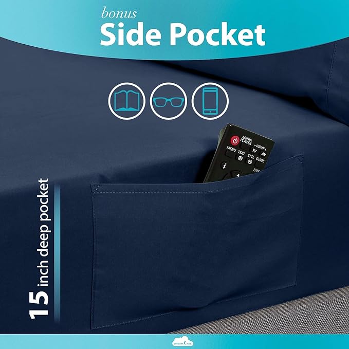 DREAMCARE King Size Sheets Set - Cooling Bed Sheets - 4pcs Set - up to 15" Deep Pocket King Sheet Set – Soft & Long Lasting Cooling - 100% Fine Brushed Polyester with Side Pocket - Navy Blue