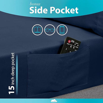 DREAMCARE King Size Sheets Set - Cooling Bed Sheets - 4pcs Set - up to 15" Deep Pocket King Sheet Set – Soft & Long Lasting Cooling - 100% Fine Brushed Polyester with Side Pocket - Navy Blue