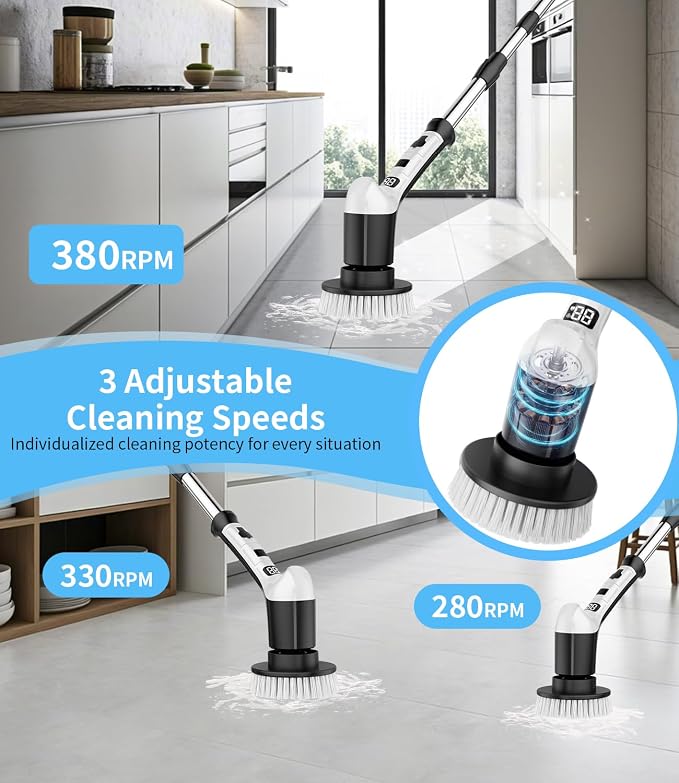 Electric Spin Scrubber with 3 Speed, Adjustable Extension Handle, 8 Brush Heads - Image 3