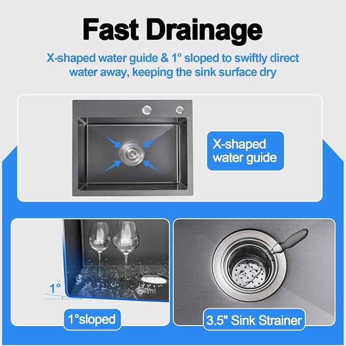 20x16 Inch Drop in Kitchen Sink, 304 Black Stainless Steel Sink, R10 Tight - Image 4