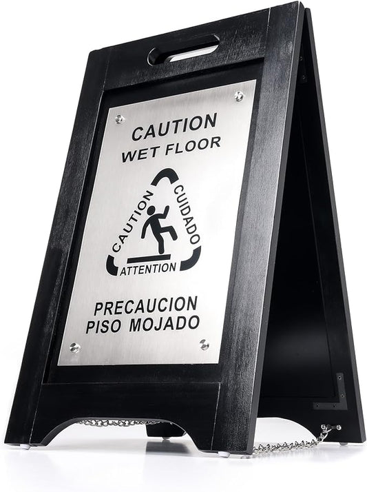 Premium Wooden Caution Wet Floor Sign – Bilingual w/ Non-Skid Plastic Feet – by WholesaleHotelProducts