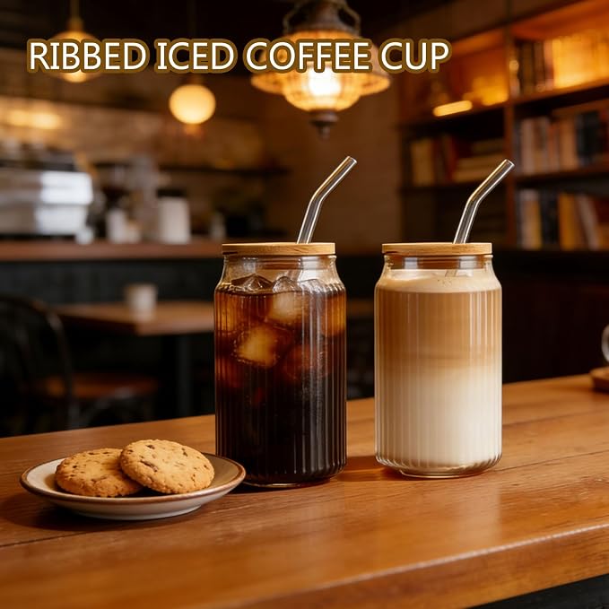 2 PCS Glass cups with Lids and Straws, 16 OZ Iced Coffee Cups, Ribbed Glass - Image 6