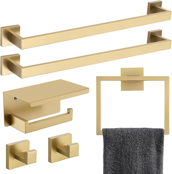 TNOMS 6-Piece Bathroom Hardware Set 23.6 Inch Gold Towel Bar Set Double Towel by TNOMS