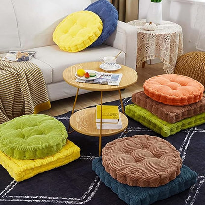Meditation Floor Pillow Set of 2 Large Square and Round Floor Cushions for Adults Ivory Corduroy Floor Seat Pillows Cushion for Living Room Balcony Tatami Yoga,18x18 Inch