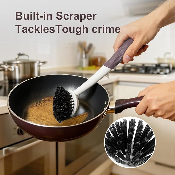 Dish Brush, 2 Pack with Comfortable Handle, with Built-in Scraper, Scrub Brush - Image 5