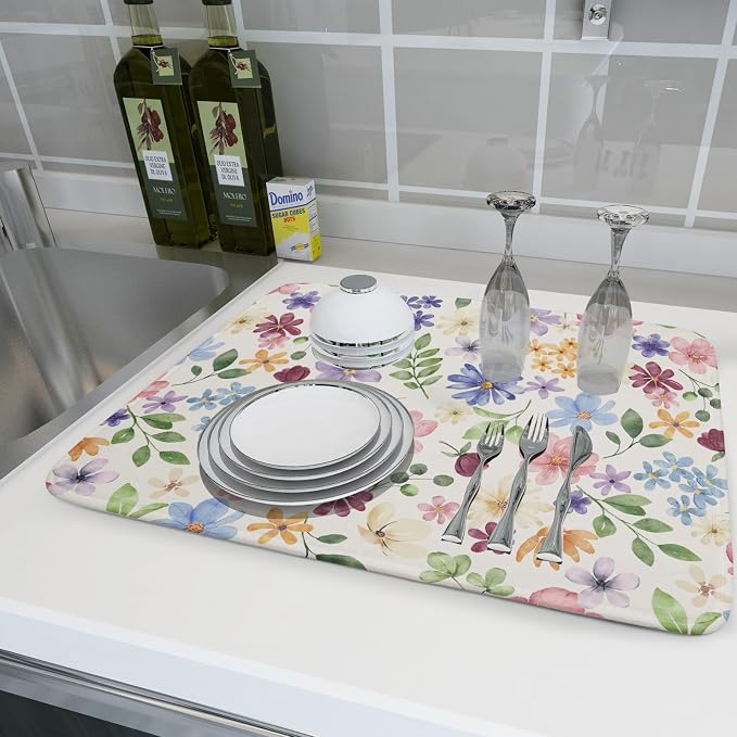 Spring Floral Dish Drying Mat for Kitchen Counter 18x24 Easter Green Pink - Image 6