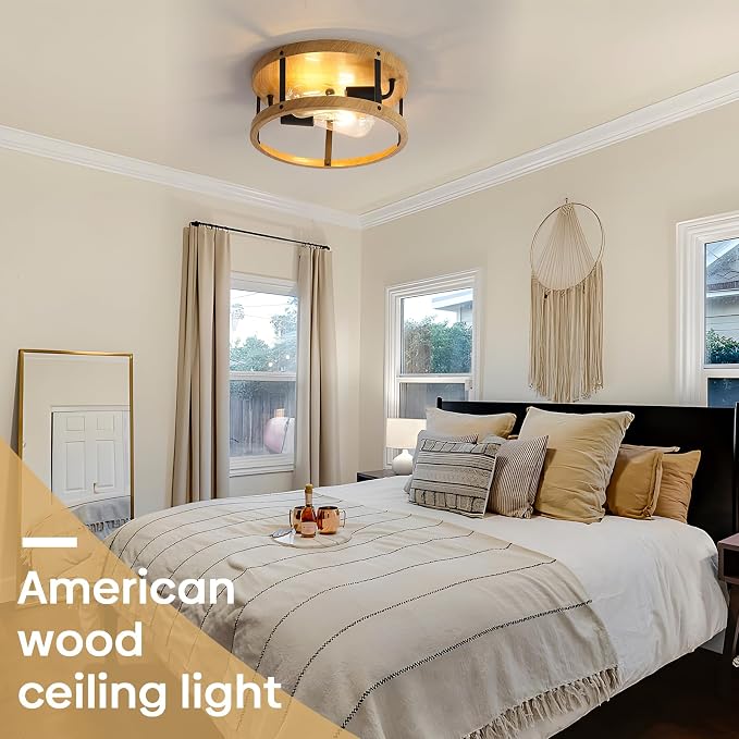 2-Light Industrial Flush Mount Ceiling Light Fixture, Wood Finish Farmhouse - Image 6