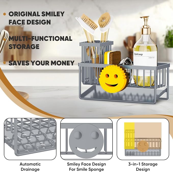 Sponge Holder for Kitchen Sink, Smiley Face Sink Caddy - Image 3