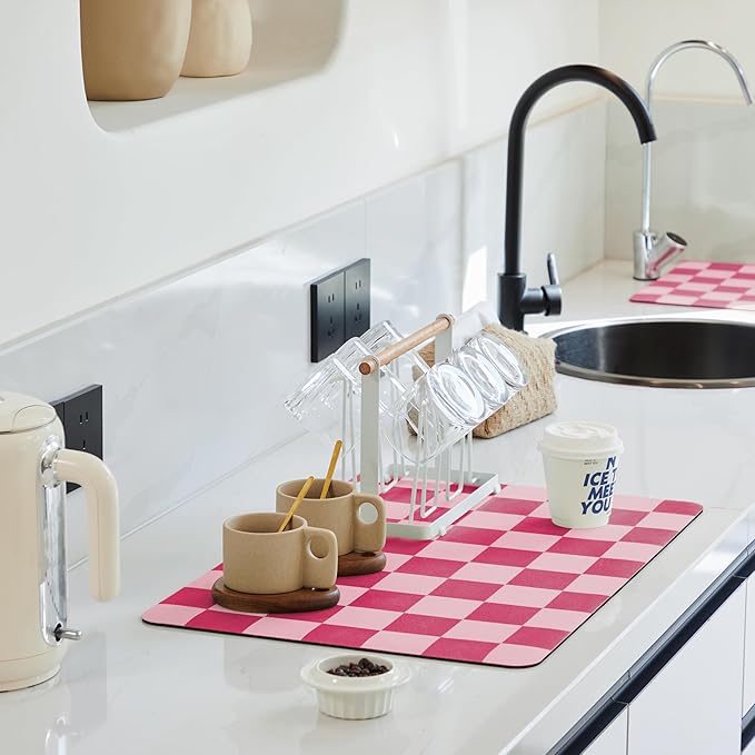 Checkered Dish Drying Mat for Kitchen Counter, Coffee Bar Station Accessories by Ohocut
