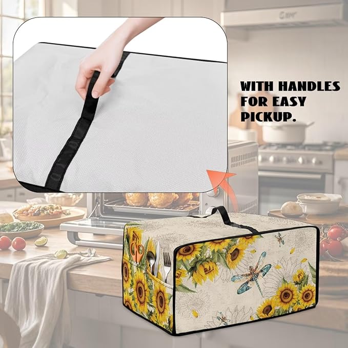 Dragonfly Sunflower Print Microwave Oven Cover Dust-Proof Microwave Toaster Oven Cover with Storage Bags Universal Washable Decor Accessories for Kitchen, M