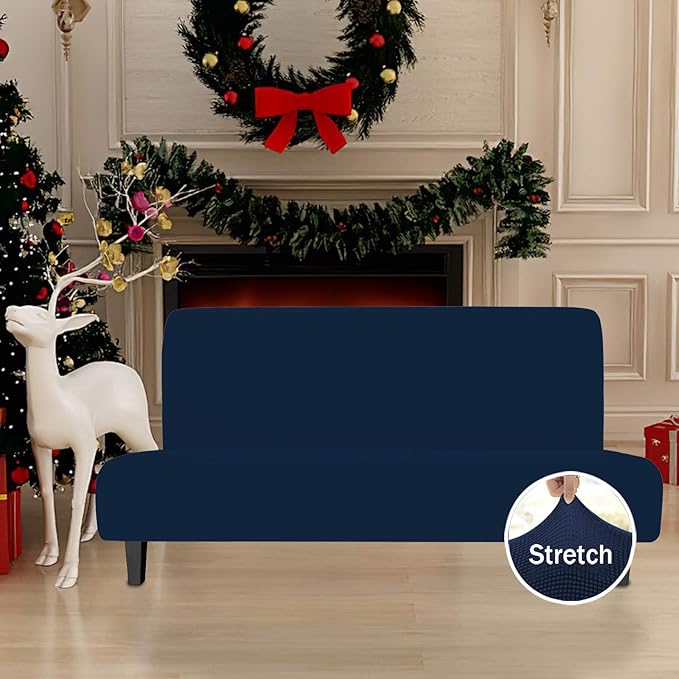 Easy-Going Stretch Futon Slipcover Armless Futon Bed Cover Furniture Protector Without Armrests with Elastic Bottom for Kids, Soft Jacquard Fabric Small Checks (Large, Navy)