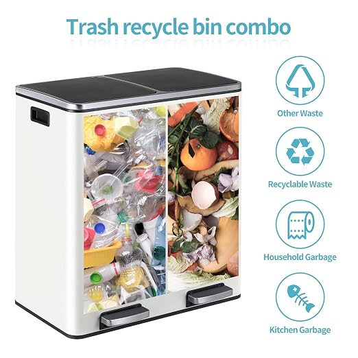 16 Gallon Rectangular Stainless Steel Trash Can, Dual Compartment Garbage Bin - Image 5