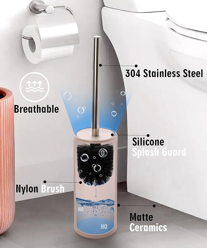 Matt Pink Ceramic Toilet Brush and Holder Set, Freestanding Toilet Bowl - Image 2