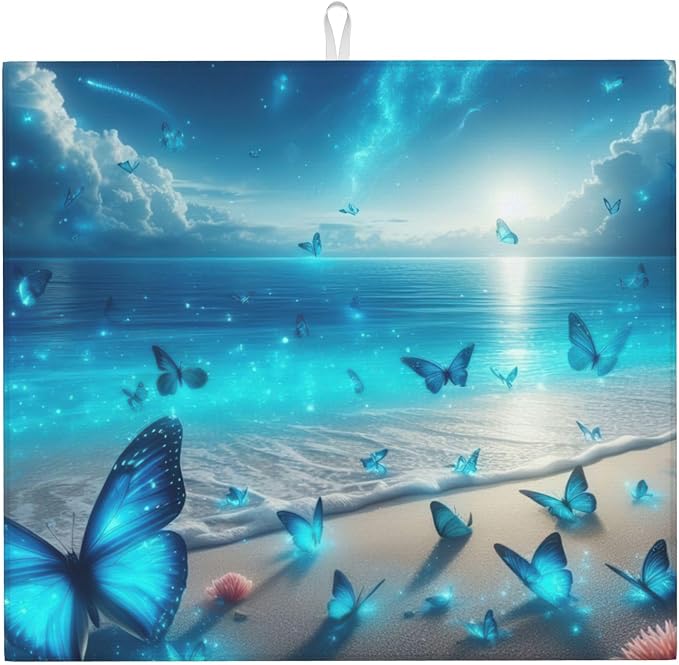 Blue Butterfly Beach Dish Drying Mat 16x18 Inch, Microfiber Absorbent Fast Dry by Unknown