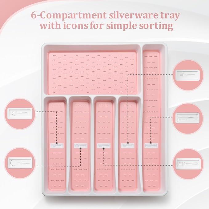Silverware Organizer with Cutlery Icons，Pink Kitchen Silverware Tray - Image 2
