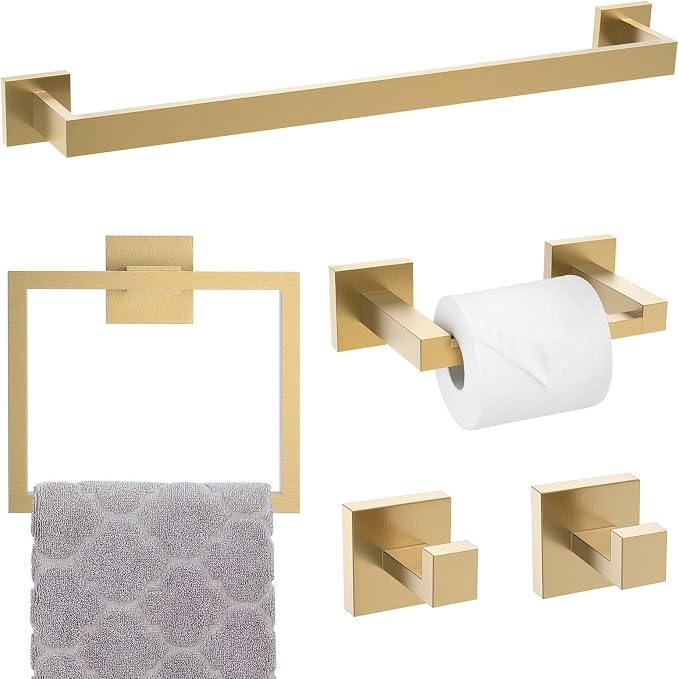 TNOMS 5-Piece Towel Bar Set Brushed Gold Bathroom Hardware Accessories Set by TNOMS