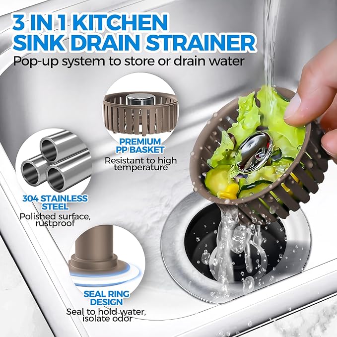 Upgraded 3in1 Kitchen Sink Drain Strainer & Sink Stopper, Stainless Steel - Image 2