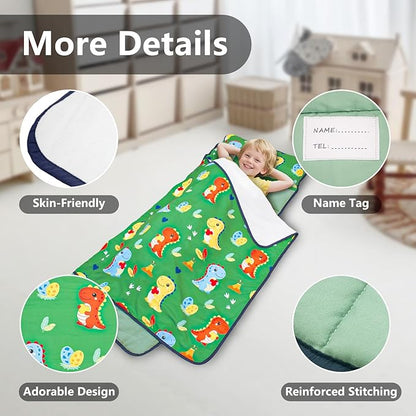 Primlect Lightweight Toddler Nap Mat Perfect for Warm Sleepers, Portable Sleeping Bag with Removable Pillow and Fleece Blanket, Washable, Great for 3 Seasons, Daycare, Preschool, Boy and Girls