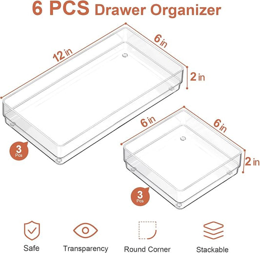 SMARTAKE 6 PCS Clear Plastic Drawer Organizers Set, Large Size Non-Slip Desk - Image 2