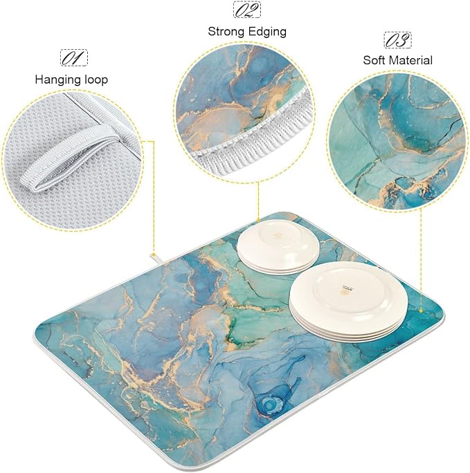 Marble Dish Drying Mat for Kitchen Counter Blue Teal Turquoise Gold Drying Mat - Image 2