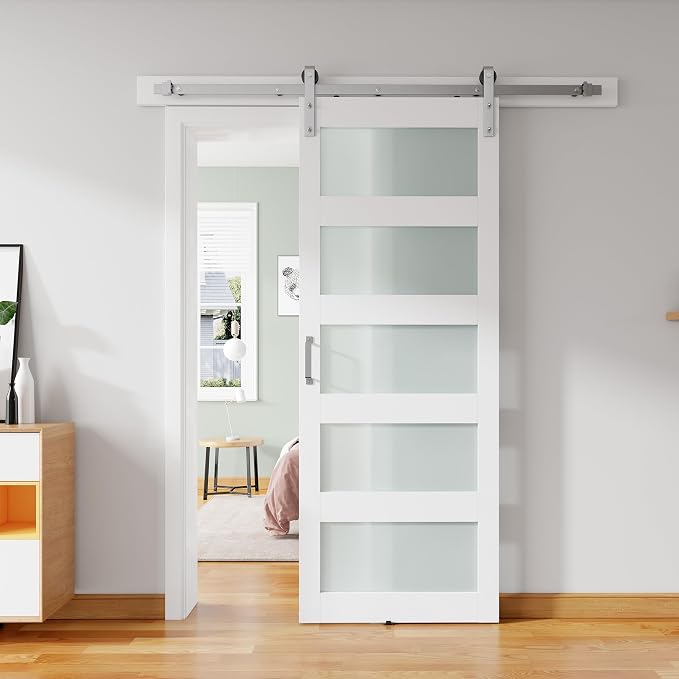 28'' x 84'' Glass Barn Door and 5 Ft Brushed Nickel Hardware Kit Included by ALAMEDADT