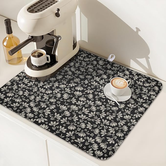 Floral Dish Drying Mat for Kitchen Counter 18x16 Inch Black Flower Drying Mat - Image 6