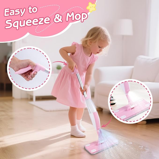 Hilsoeet Kids Spray Mop Pink, Real Working Water-Spraying Toy, Montessori Mini - Image 2