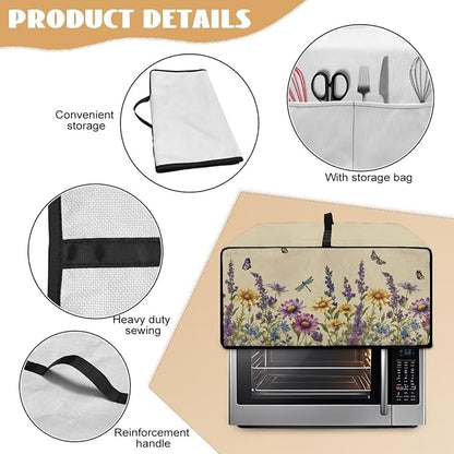 Convection Toaster Oven Cover with Side Pockets, Dust-Proof Smart Microwave Oven Protector for Countertop Decorations, S, Floral Butterfly Dragonfly