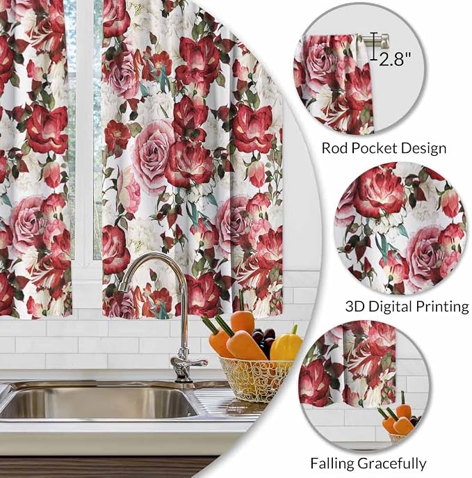Vintage Floral Kitchen Curtains Red Pink White Peony Roses Bouquet Short Tier - Image 3