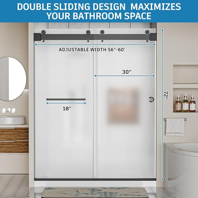 Frameless Shower Door, 56-60" W x 78" H 3/8" Thick Tempered Frosted Glass - Image 8